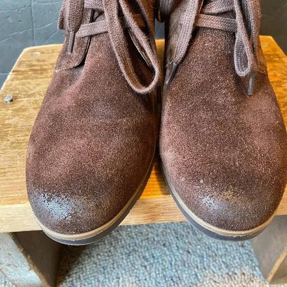 Franco Sarto Sued Brown Leather Upper Wedge 3*”Heels Ankle Boots Women Size 9M - Picture 7 of 7